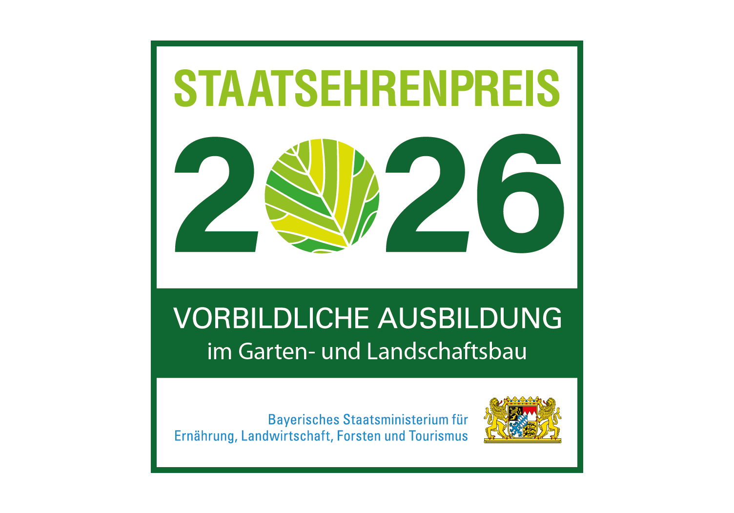 Logo des Staatsehrenpreises 2025 für vorbildliche Ausbildung im Garten- und Landschaftsbau mit grünem Blattdesign.